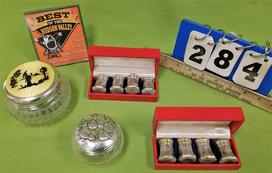 TRAY 8 CARTIER STERLING SALT/PEPS, 2 CUT GLASS DRESSER (1 of 6)