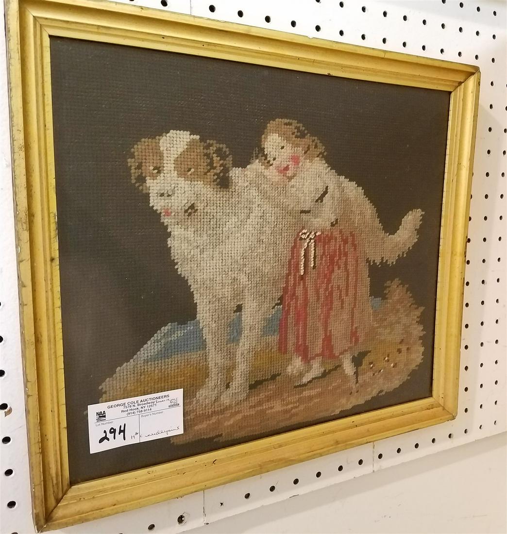 FRAMED 19th c. NEEDLEPOINT, CHILD W/ DOG (1 of 3)