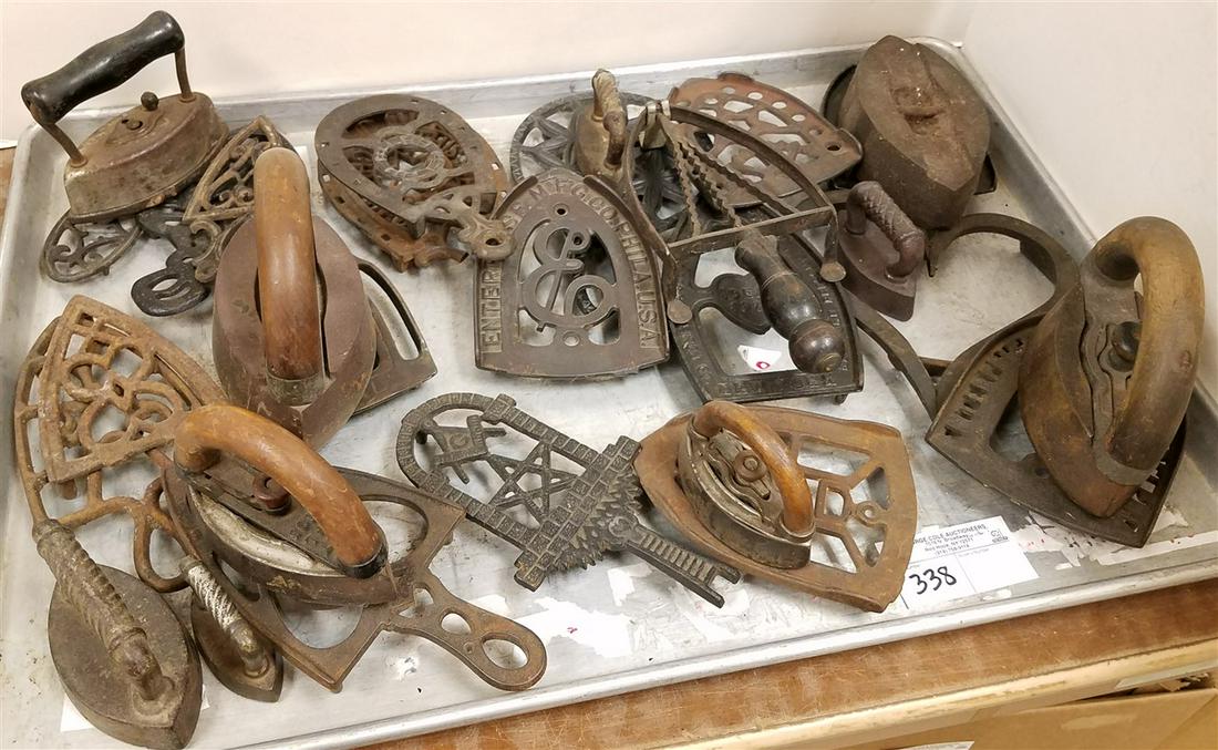 TRAY COLL. OF SAD IRONS + TRIVITS, INCL. MASONIC (1 of 1)