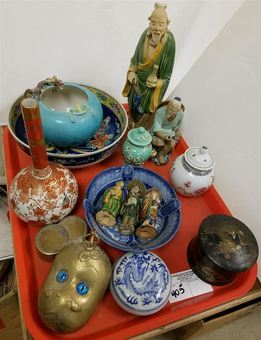 TRAY ASIAN PORCELIAN, POTTERY FIGURES, BRASS, ETC. (1 of 4)