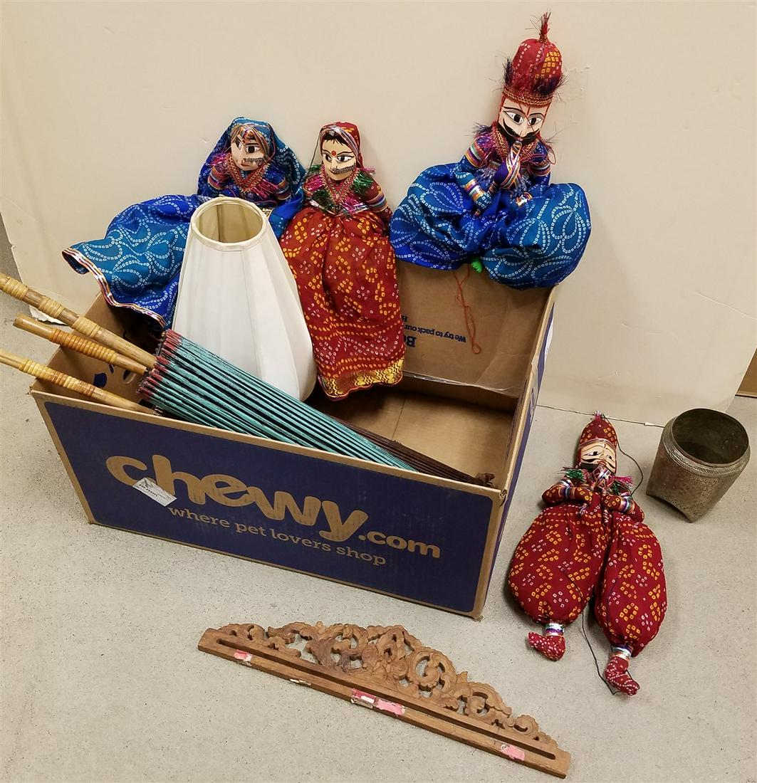 BOX 4 INDO PUPPETS, SILK SHADE LAMP, CARVED TAPESTRY (1 of 2)