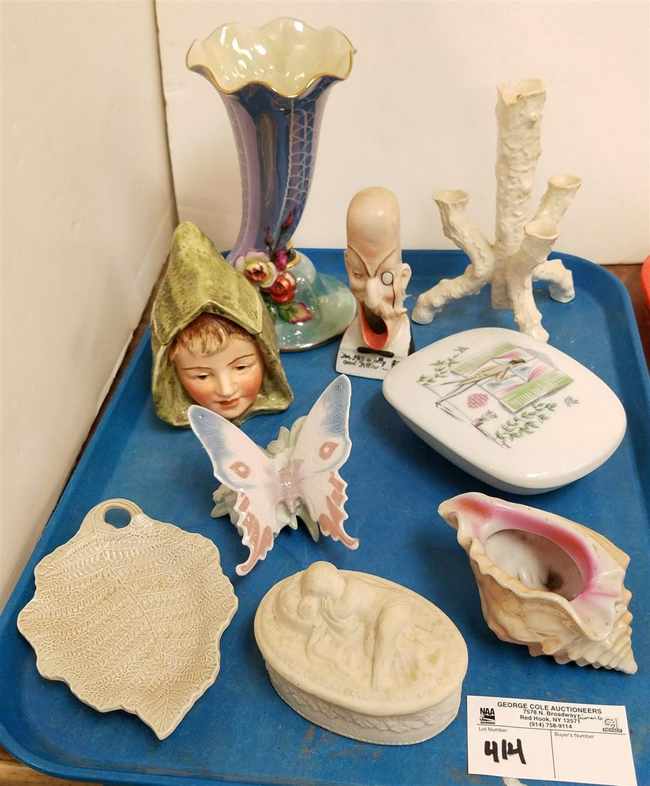 TRAY LLADRO BUTTERFLY, ROSENTHAL COVERED BX, GERMAN: TRAY LLADRO BUTTERFLY, ROSENTHAL COVERED BX, GERMAN FIGURAL HUMIDOR, NORITAKI CORNUCOPIA, ETC.