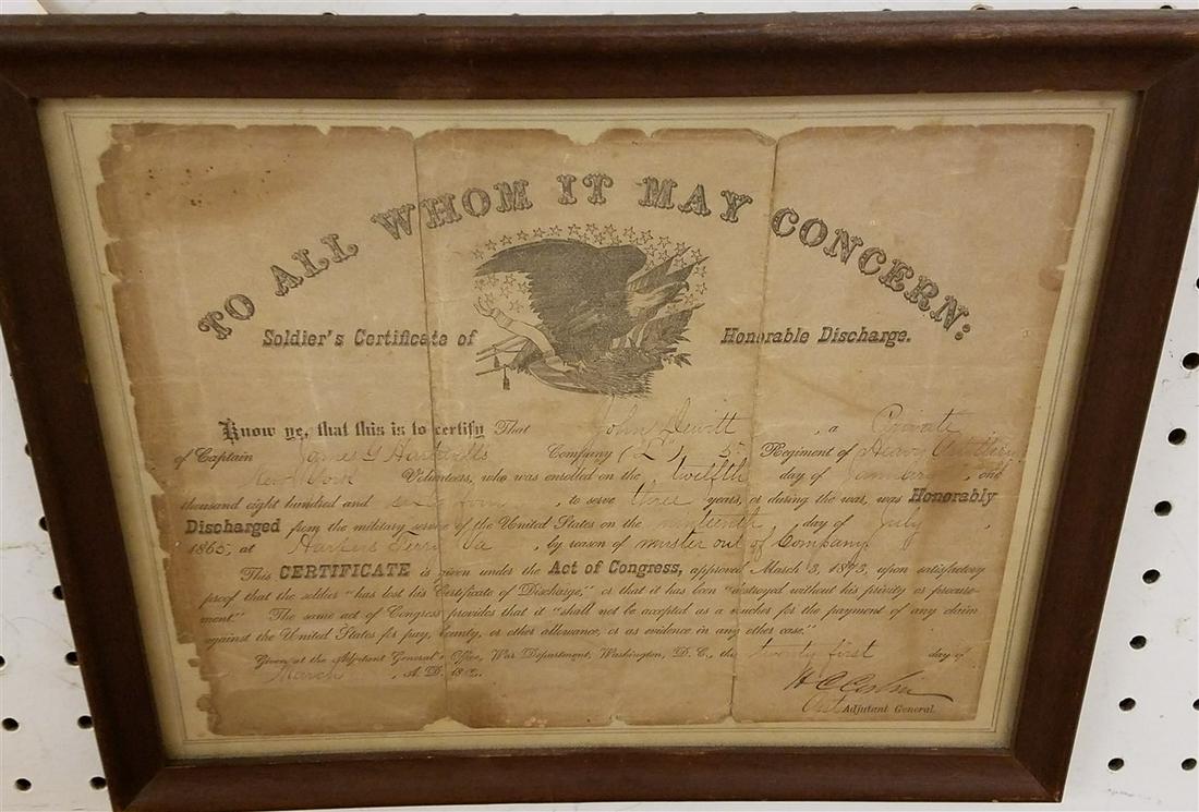FRAMED CIVIL WAR DISCHARGE, JOHN DEWITT 5th HEAVY (1 of 2)