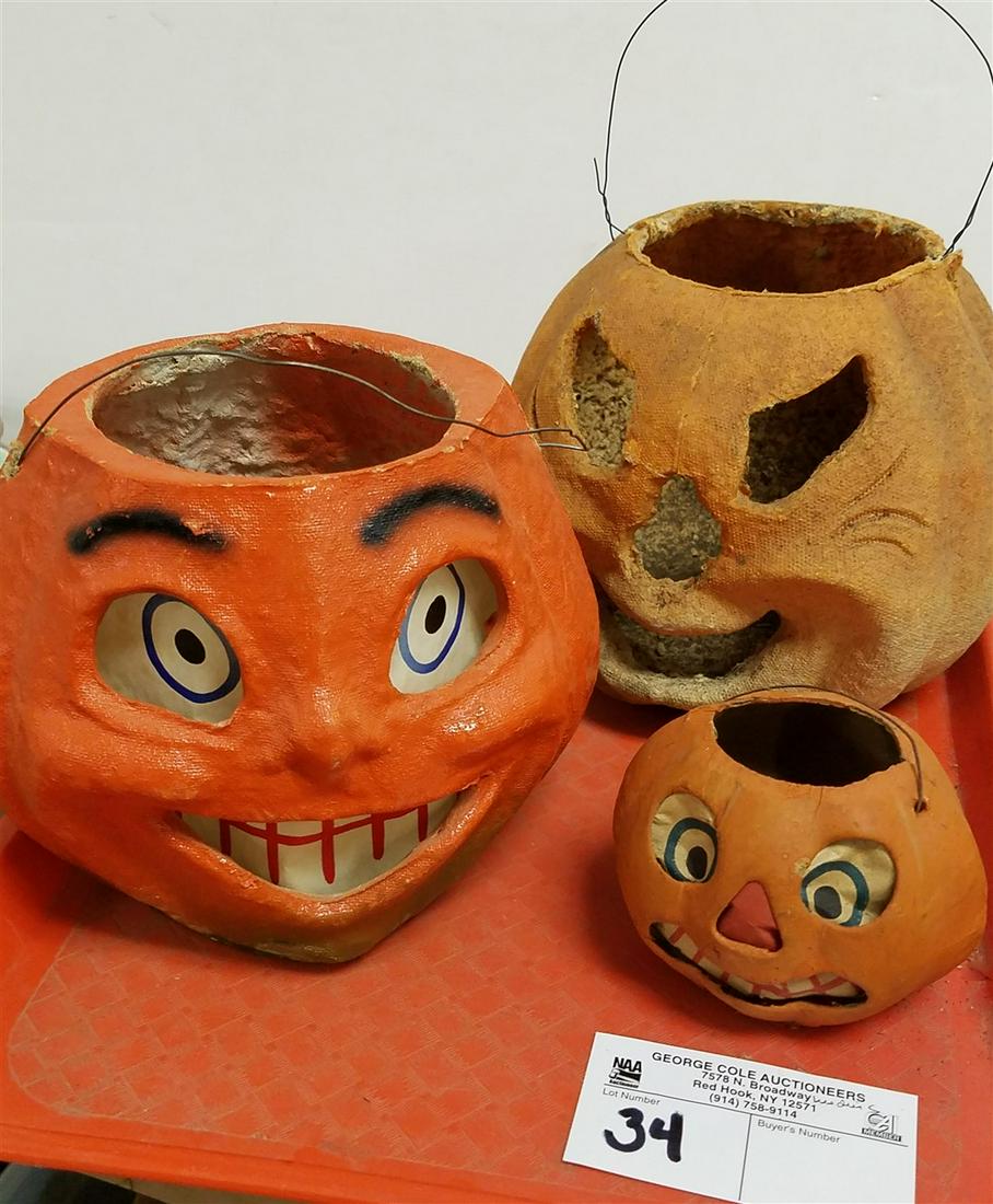 TRAY/ 2 PAPER MACHE HALLOWEEN JACK O'LANTERNS + A SM. (1 of 5)