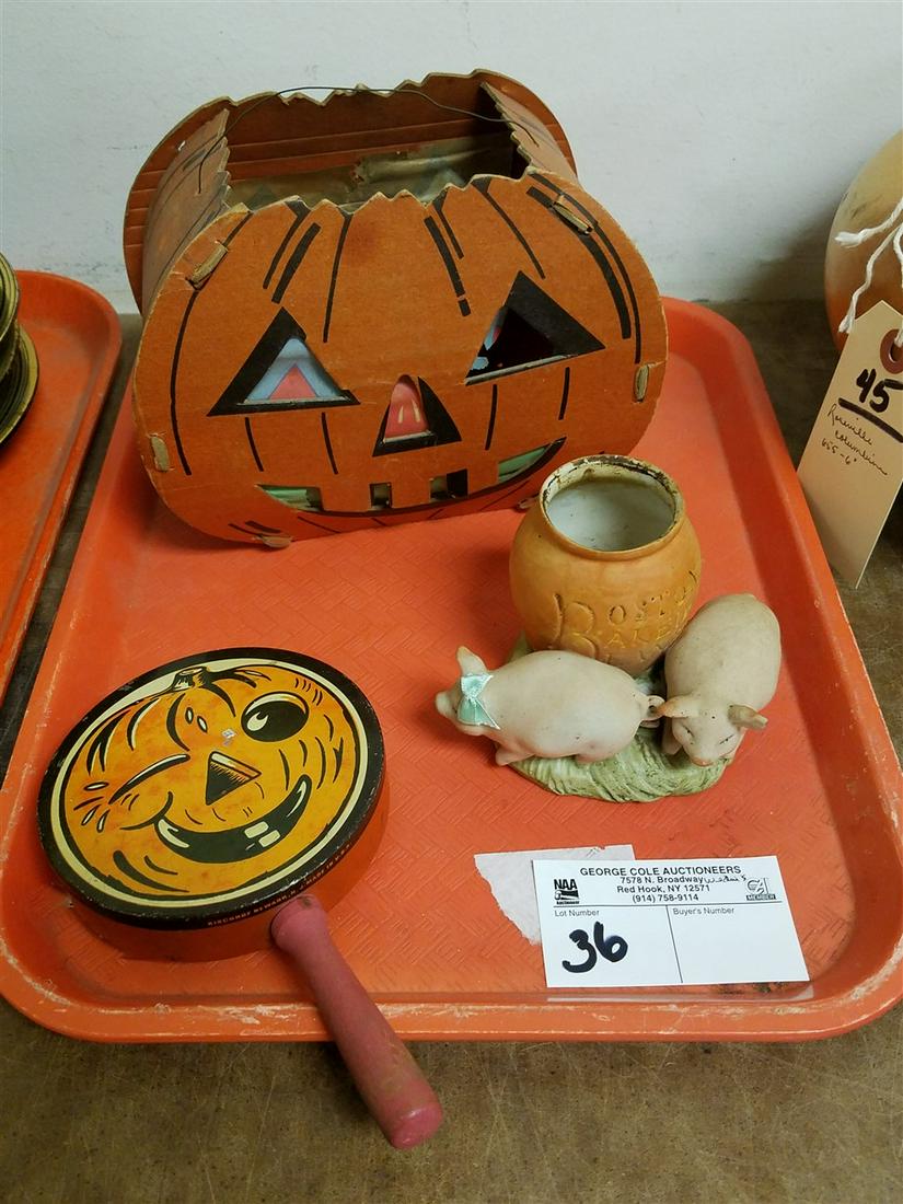 TRAY HALLOWEEN-CARDBOARD JACK O'LANTERN, TIN RATTLE, (1 of 3)