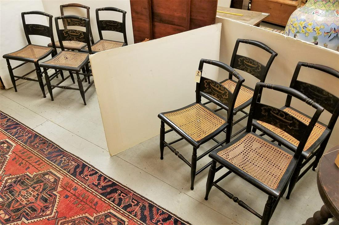 SET 8 EARLY 19th c. PILLOWBACK STENCILED CANE SEAT (1 of 6)