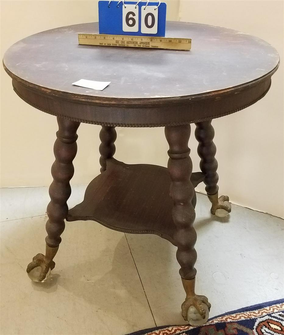 c.1915 MAHOG. 2 TIER STAND W/ METAL CLAW FEET W/ GLASS (1 of 2)