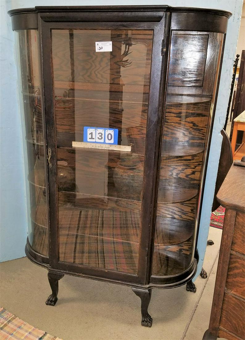 CURVED GLASS OAK CHINA CABINET, 62.5"H X 42"W X 15"D: CURVED GLASS OAK CHINA CABINET, 62.5"H X 42"W X 15"D