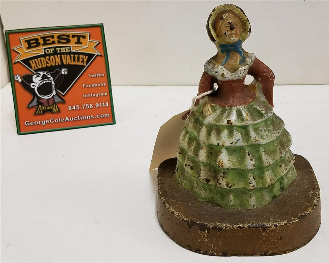 VINTAGE CAST IRON DOOR STOP, DOLL ON BASE, 5.5"H X 4: VINTAGE CAST IRON DOOR STOP, DOLL ON BASE, 5.5"H X 4 7/8"
