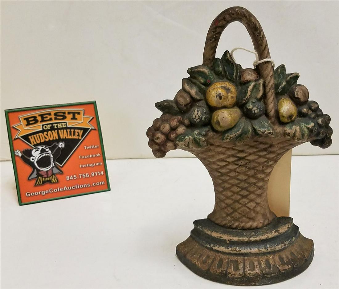 VINTAGE CAST IRON DOOR STOP, BASKET OF FRUIT, 8"H X (1 of 2)