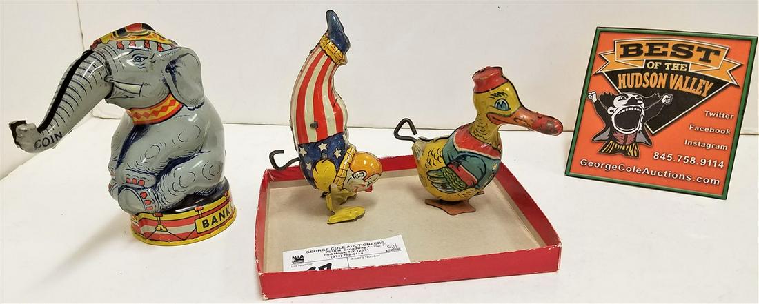 TRAY/ 3 VINTAGE J. CHEIN TIN TOYS-ELEPHANT BANK 5.25", (1 of 2)