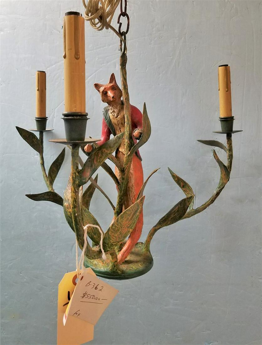 WROUGHT + COMPOSITE 3 ARM CHANDELIER W/ FOX, 18"H X 22": WROUGHT + COMPOSITE 3 ARM CHANDELIER W/ FOX, 18"H X 22" DIAM., MADE BY SCIABBARRASI, GREENWICH, CT., BILL HUEBBE (1929-2013)