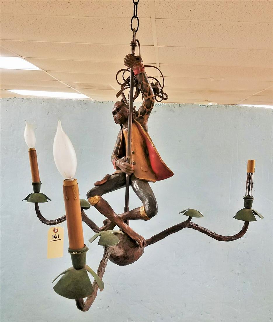 WROUGHT + COMPOSITE 3 ARM CHANDELIER W/ MONKEY, 22.5"H (1 of 2)
