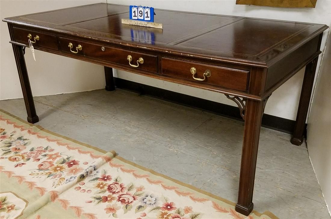 STICKLEY MAHOG. LEATHER TOP 3 DRAWER DESK, 30"H X 6'W X: STICKLEY MAHOG. LEATHER TOP 3 DRAWER DESK, 30"H X 6'W X 36"D