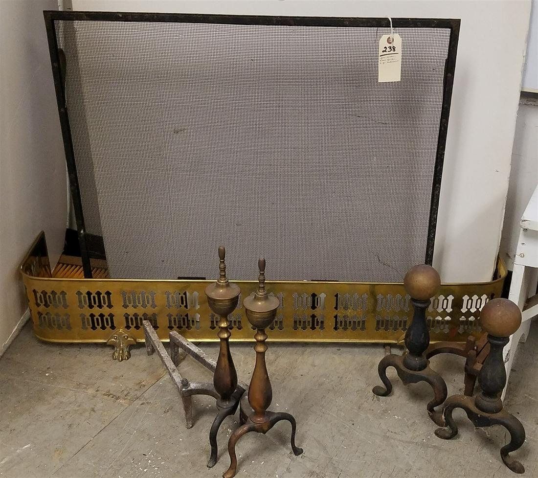 FIRE SCREEN, BRASS FENDER, 2 PR. ANDIRONS (1 of 2)