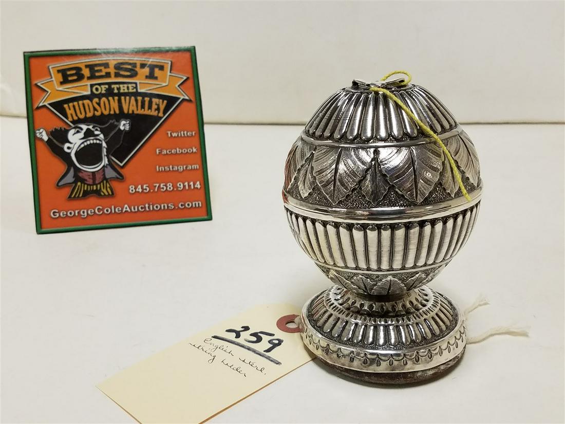 ENGLISH STERLING STRING HOLDER, 4.25"H X 3.25" DIAM. (1 of 2)