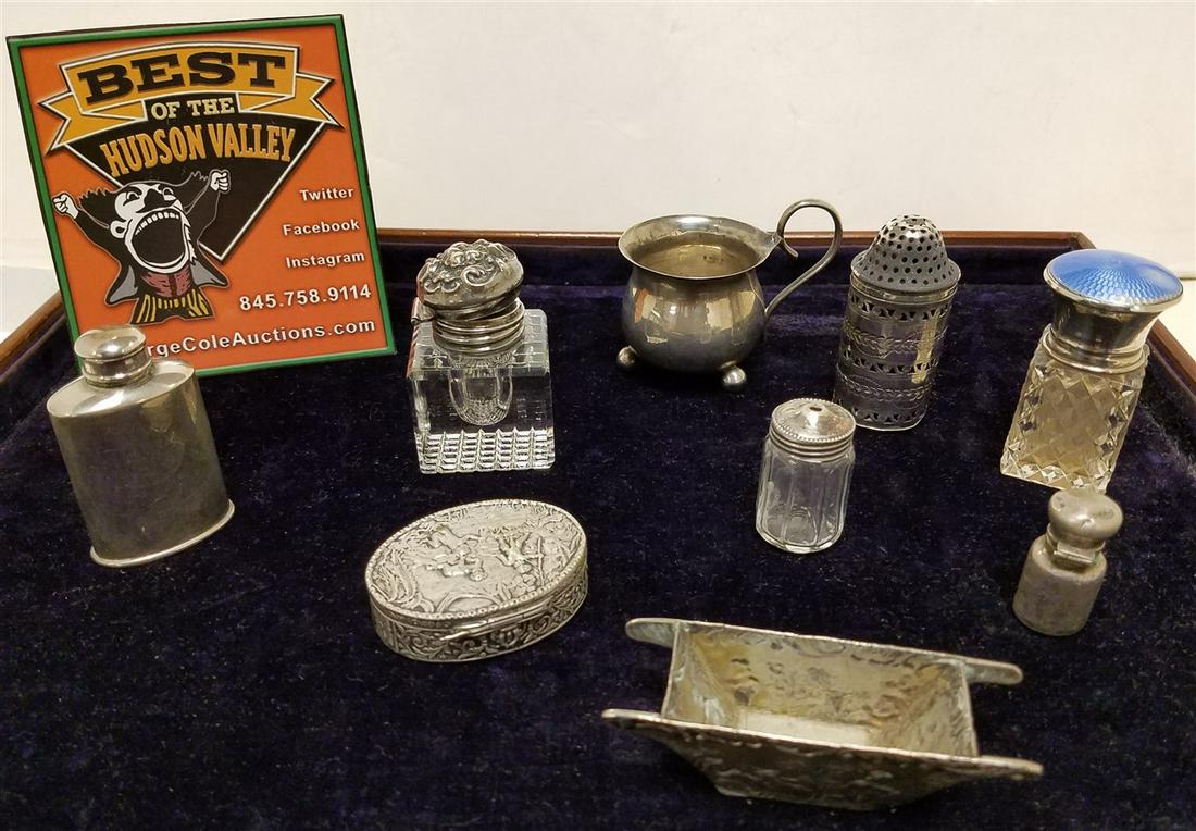 LOT OF STERL. INCL. TIFFANY SCENT BOTTLE, PILL BOX,: LOT OF STERL. INCL. TIFFANY SCENT BOTTLE, PILL BOX, ETC.