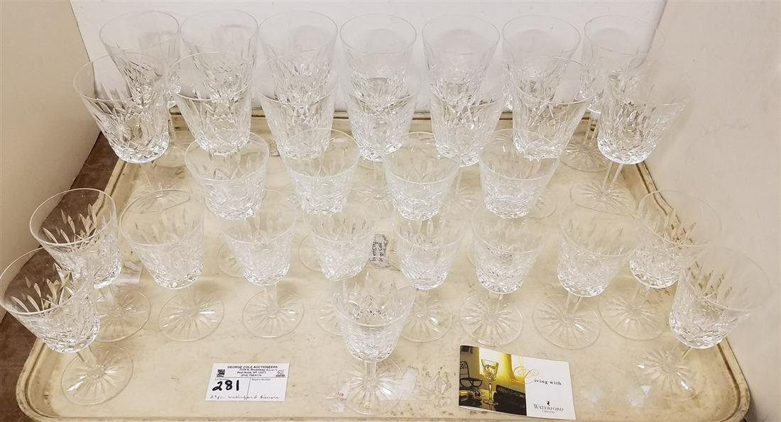 TRAY WATERFORD LISMORE, 14 WINE GOBLETS, 4 WHITE WINE,: TRAY WATERFORD LISMORE, 14 WINE GOBLETS, 4 WHITE WINE, 11 SHERRY