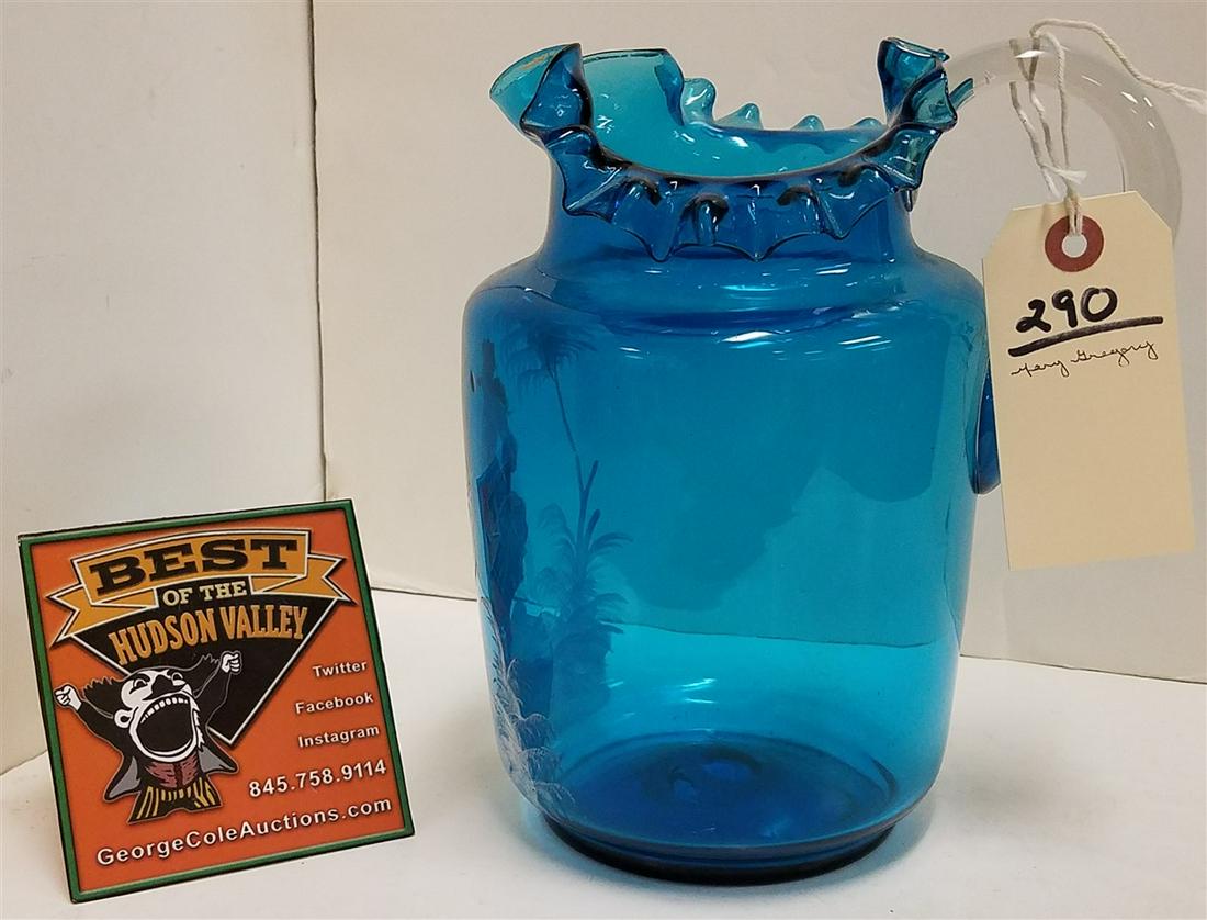 HAND BLOWN BLUE GLASS MARY GREGORY PITCHER 9" (1 of 3)