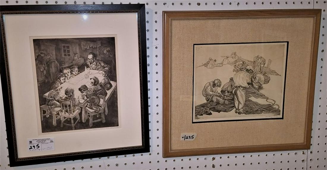 2 FRAMED ETCHINGS, THE LESSON 11" X 9.25" + MENDING (1 of 8)