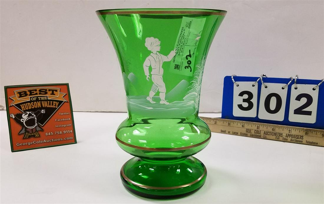 MARY GREGORY GREEN GLASS VASE, 8"H X 5.75" DIAM. (1 of 4)