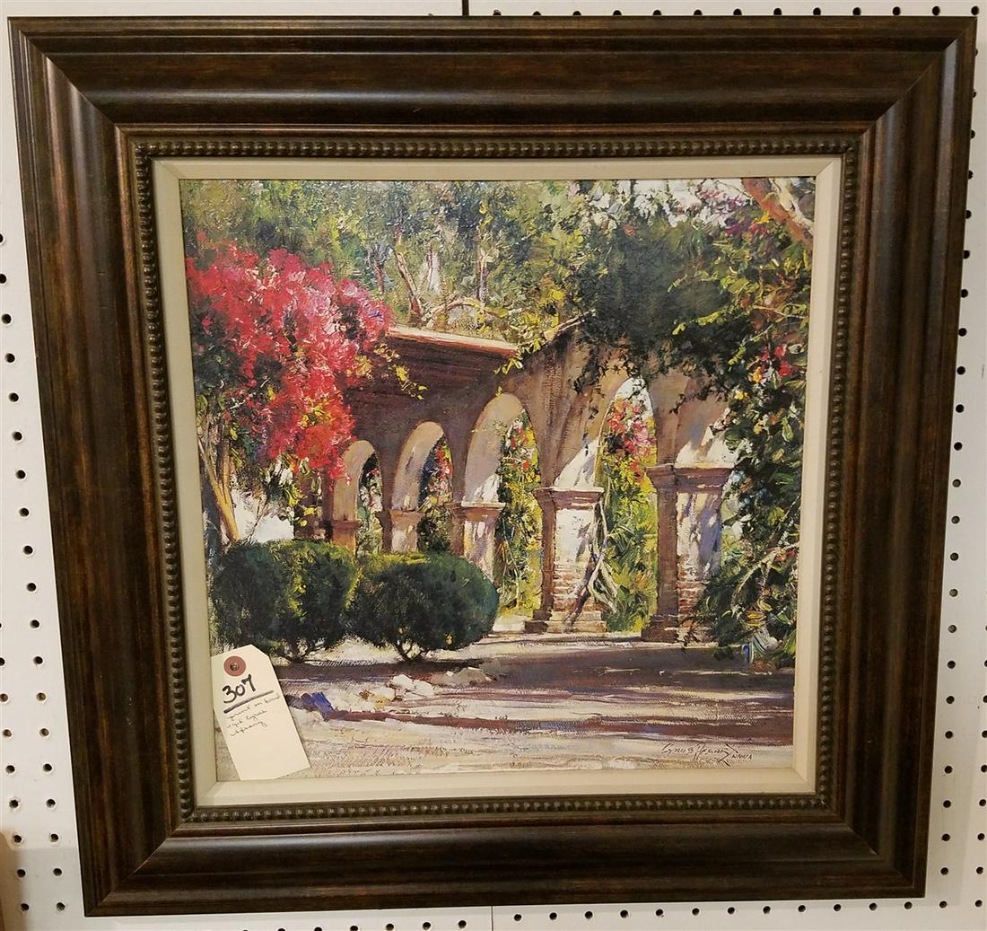 FRAMED PRINT ON BOARD, "SUNLIT ARCHWAY", SGND, CYRUS (1 of 2)