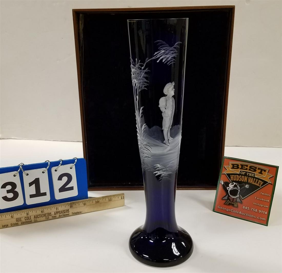 MARY GREGORY COBALT GLASS VASE, 13.75": MARY GREGORY COBALT GLASS VASE, 13.75"