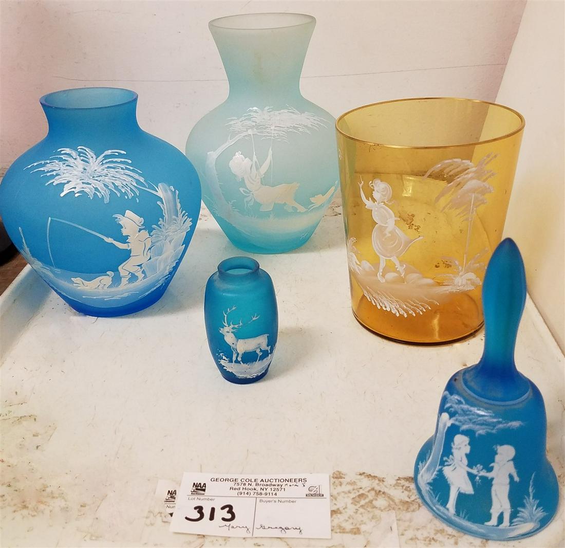 TRAY/ 5PC. MARY GREGORY, 5.5" + 4.25" DIAM VASE, BLUE (1 of 1)