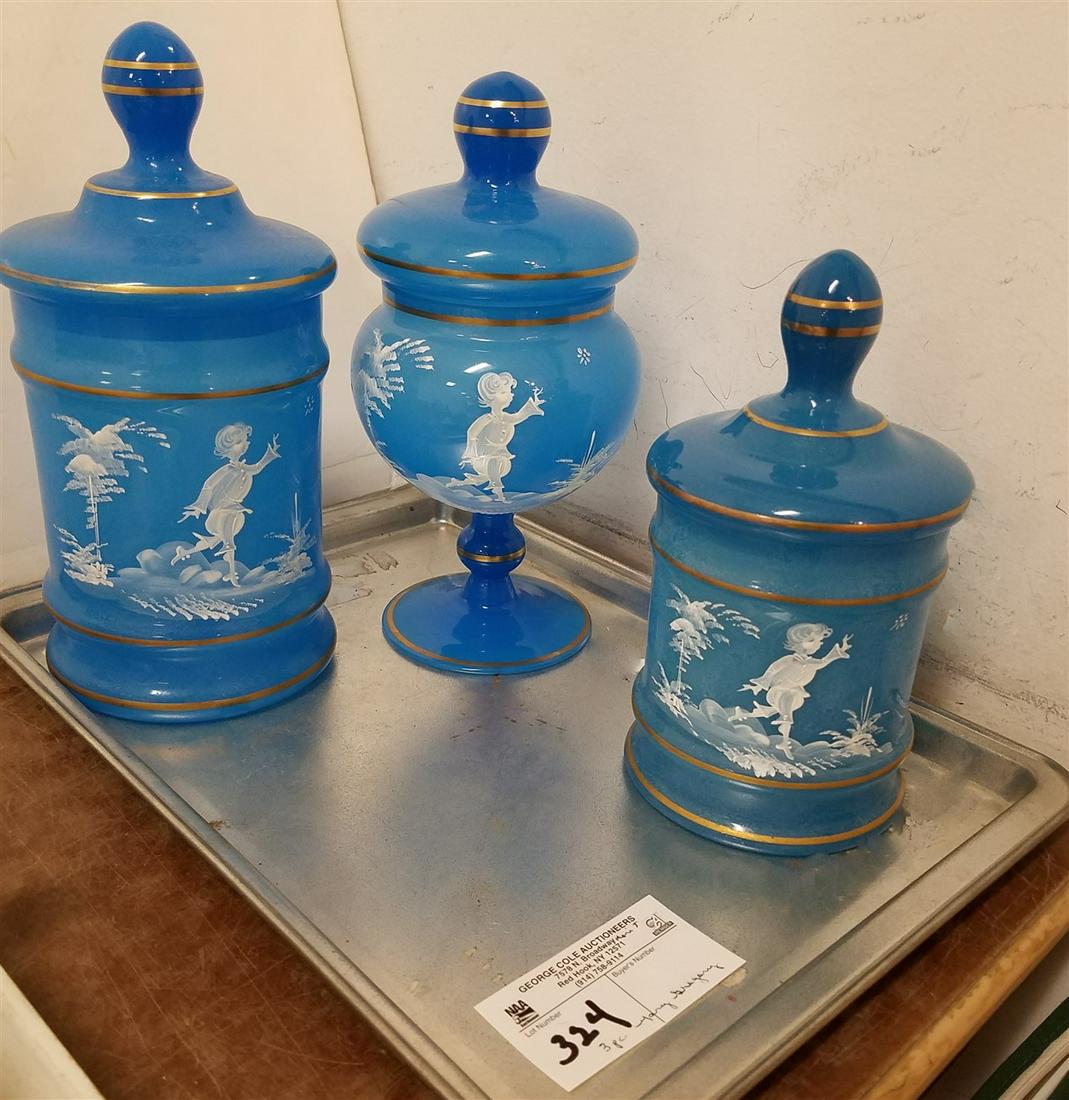 TRAY/ 3 MARY GREGORY COVERED JARS, 9.5" X 4.5" DIAM., (1 of 1)