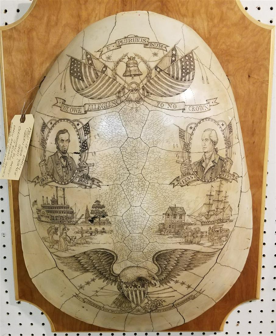 MOLD OF A GREEN TURTLE SHELL SCRIMSHAW BY J. ADAMS, 23": MOLD OF A GREEN TURTLE SHELL SCRIMSHAW BY J. ADAMS, 23" X 18"