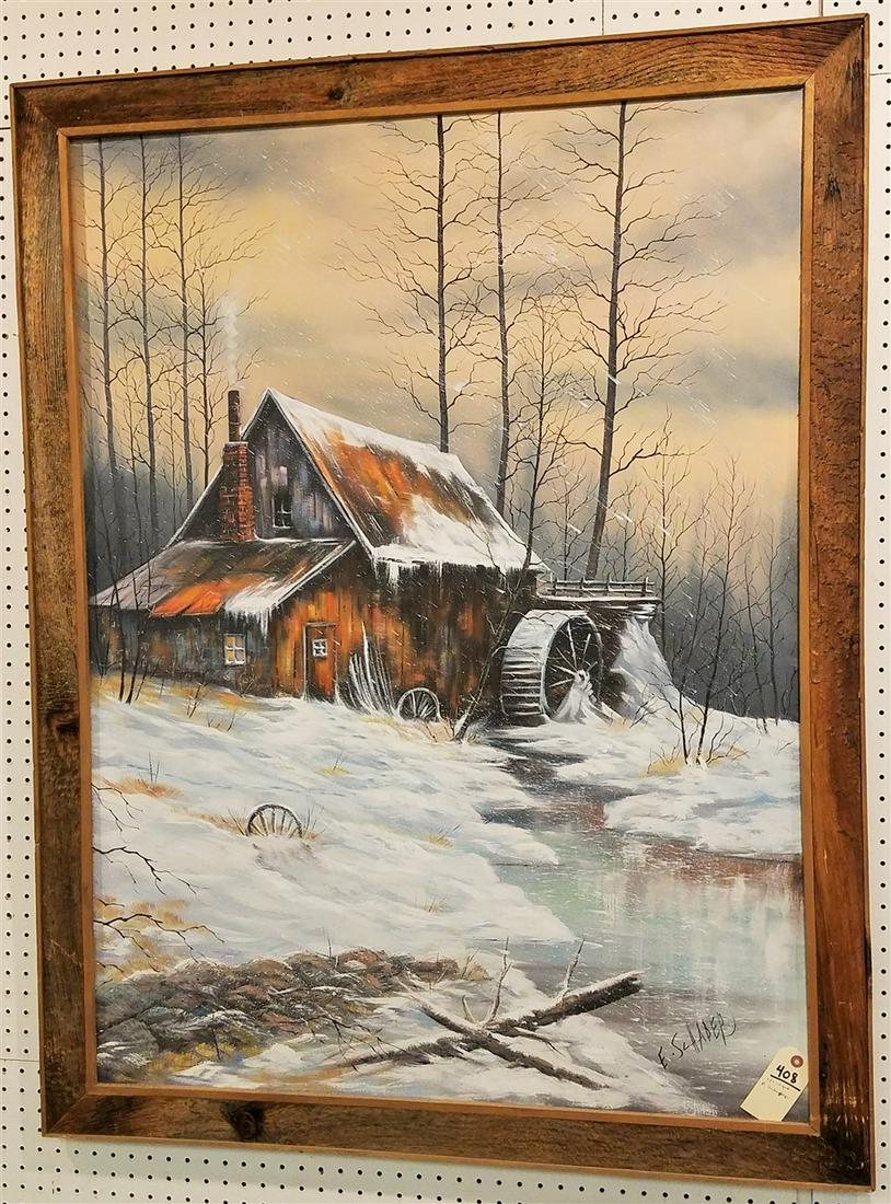 LG. FRAMED O/C WINTER LANDSCAPE SGND., E.SCHADEP 47" X (1 of 3)
