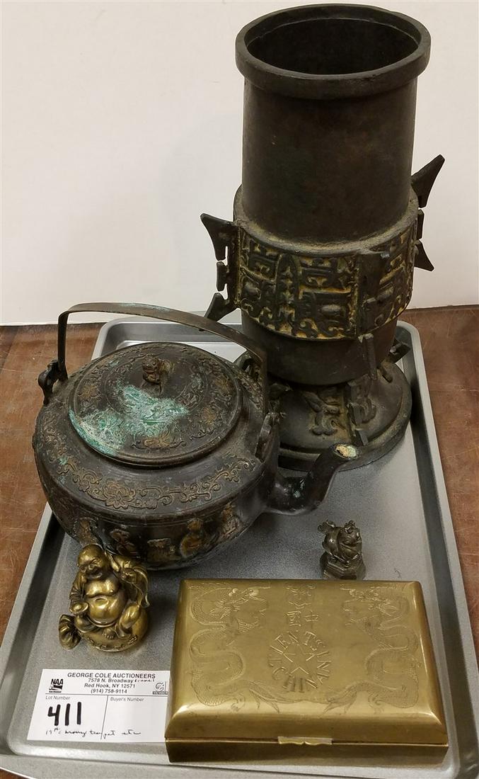 TRAY/ ASIAN- 19th c. BRONZE TEA POT, CAST IRON VASE (1 of 1)