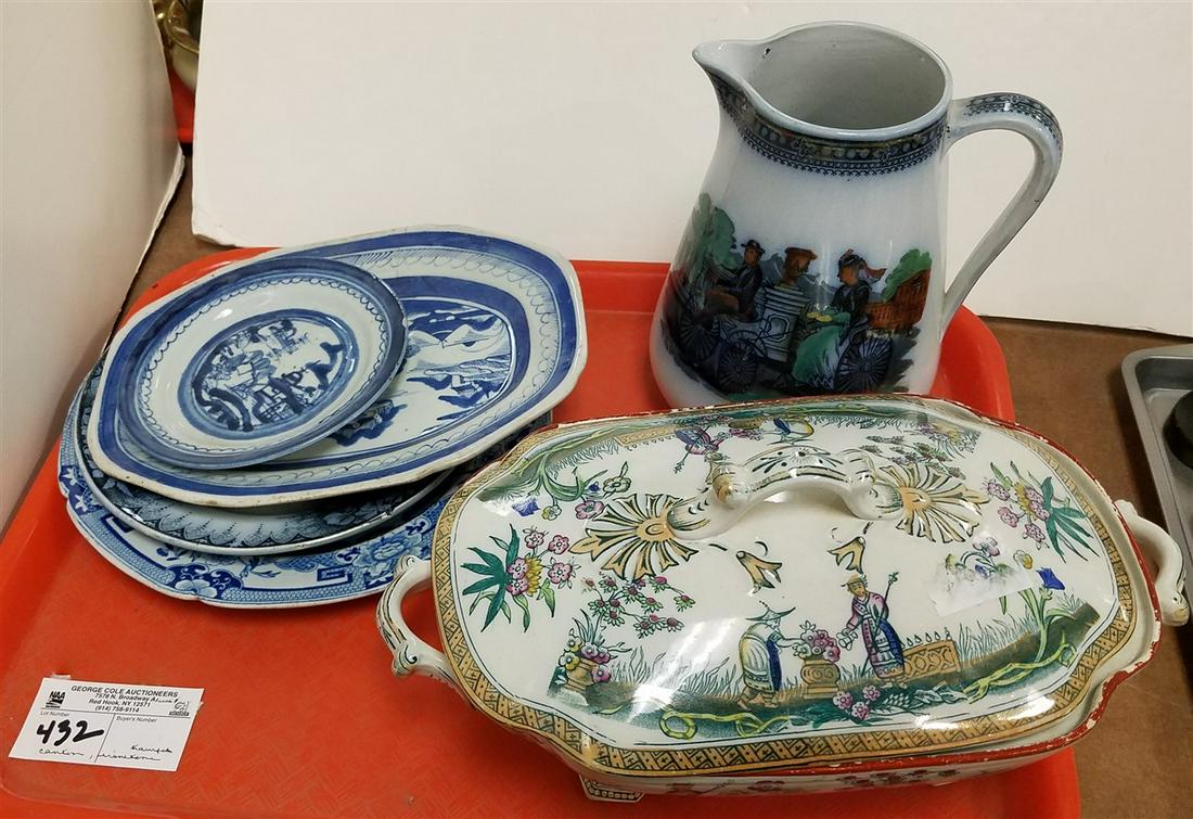 TRAY 2PC. CANTON, 19th c. IRONSTONE TRANSFER, "CHANG",: TRAY 2PC. CANTON, 19th c. IRONSTONE TRANSFER, "CHANG", COVERED VEG + CUP/SAUCER, ETC.