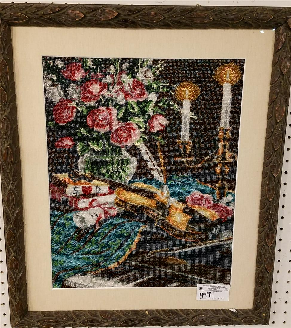 FRAMED BEADWORK STILL LIFE, SGND, S.D.. 19.25" X 15.25" (1 of 2)