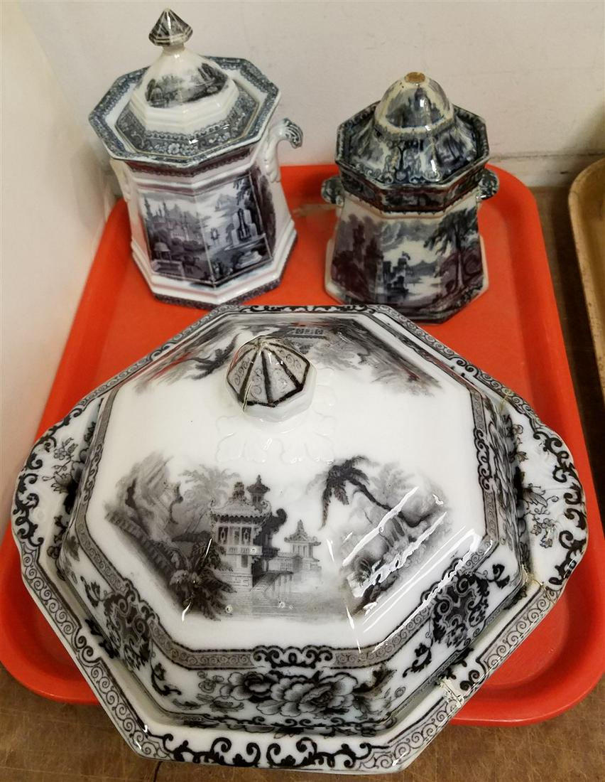 TRAY 19th c. IRONSTONE TRANSFER CYPRUS COVERED: TRAY 19th c. IRONSTONE TRANSFER CYPRUS COVERED VEG-REPAIRED, 2 COVERED SUGARS