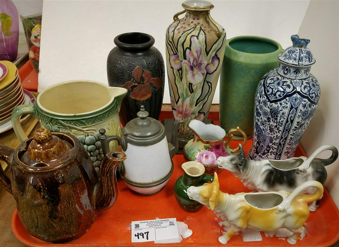 TRAY/ 19th c. TEA POTS, MILK PITCHER, COW CREAMERS, (1 of 1)