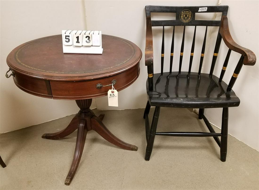 MAHOG. DRUM COFFEE TABLE, 28"H X 28" DIAM. + ARMCHAIR (1 of 3)