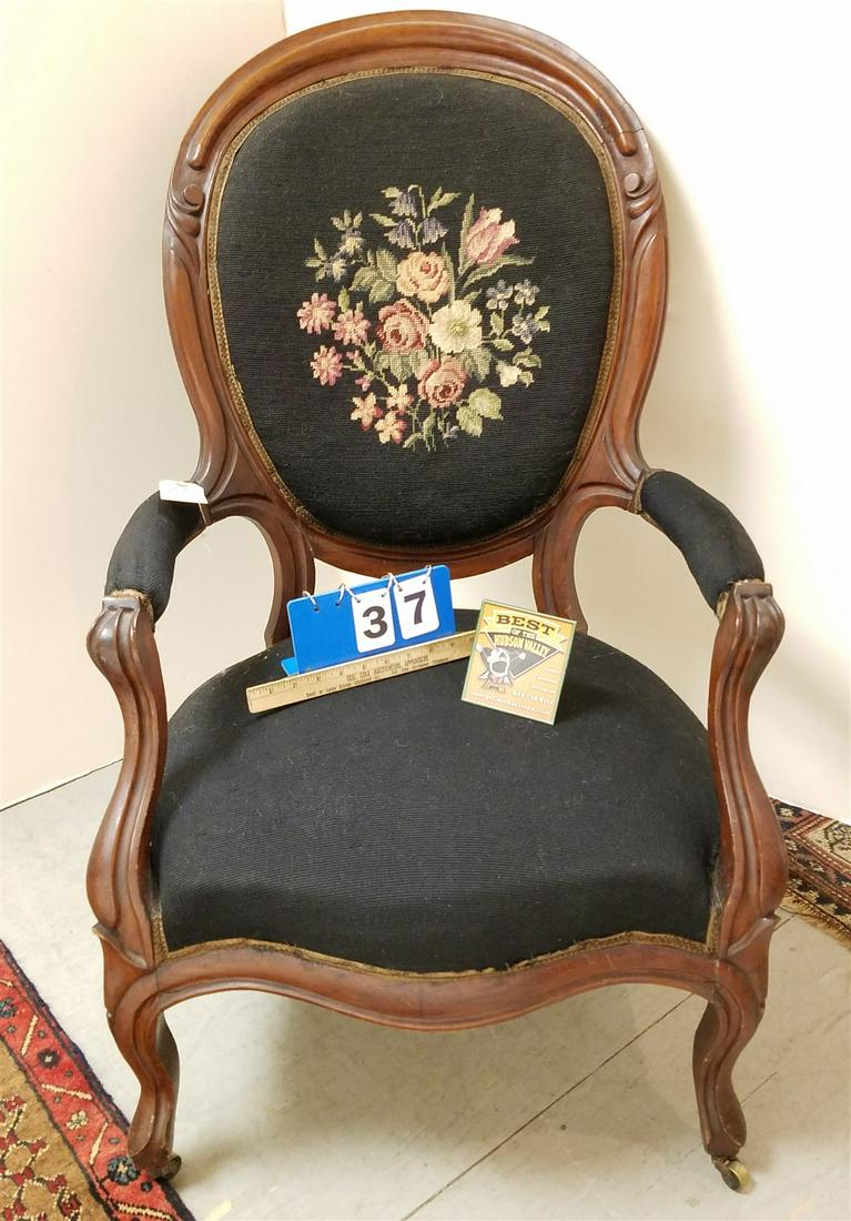 VICT. WALNUT GENT'S CHAIR W/ NEEDLEPOINT UPHOLS. (1 of 2)