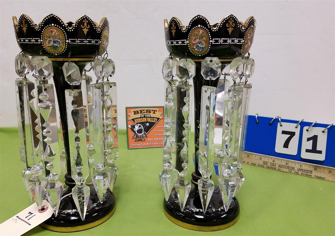 PR. 19th c. BLACK AMETHYST GIRANDOLES, W/ HAND PTD, (1 of 4)