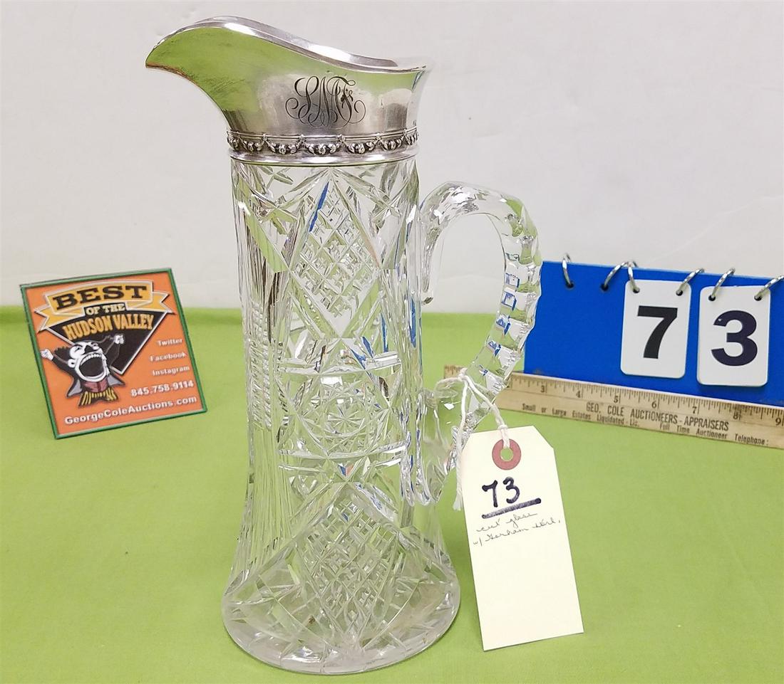 CUT GLASS PITCHER W/ GORHAM STERL. SILVER SPOUT,: CUT GLASS PITCHER W/ GORHAM STERL. SILVER SPOUT, 10.25"H