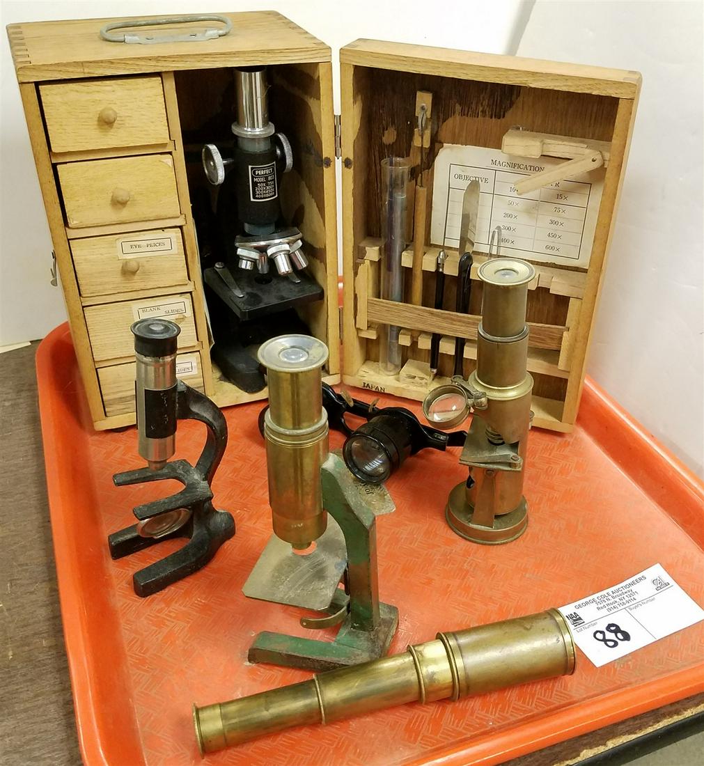 TRAY MICROSCOPES + 1 BRASS TELESCOPE: TRAY MICROSCOPES + 1 BRASS TELESCOPE