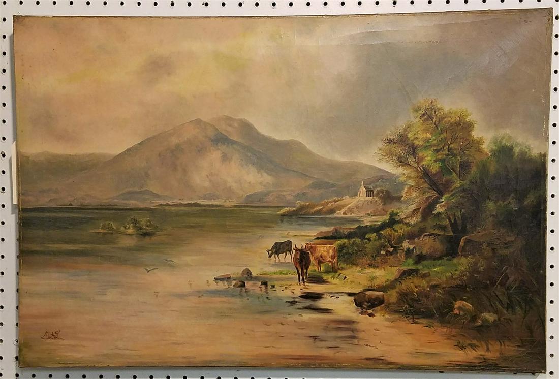 UNFRAMED 19th c. O/C LANDSCAPE W/ COWS, SGND, M.A.F., (1 of 3)
