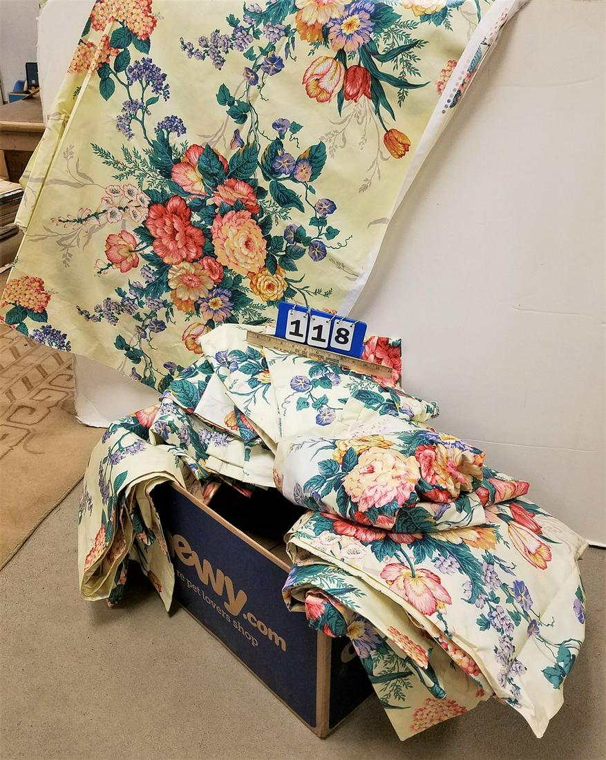 BOX/ 6 POLISHED COTTON PANELS DRAPES, 7' X 23" + 3: BOX/ 6 POLISHED COTTON PANELS DRAPES, 7' X 23" + 3 DOUBLE SIDED PANELS, 8'6" X 4'4" + FABRIC 19'9"L X 4'8"W
