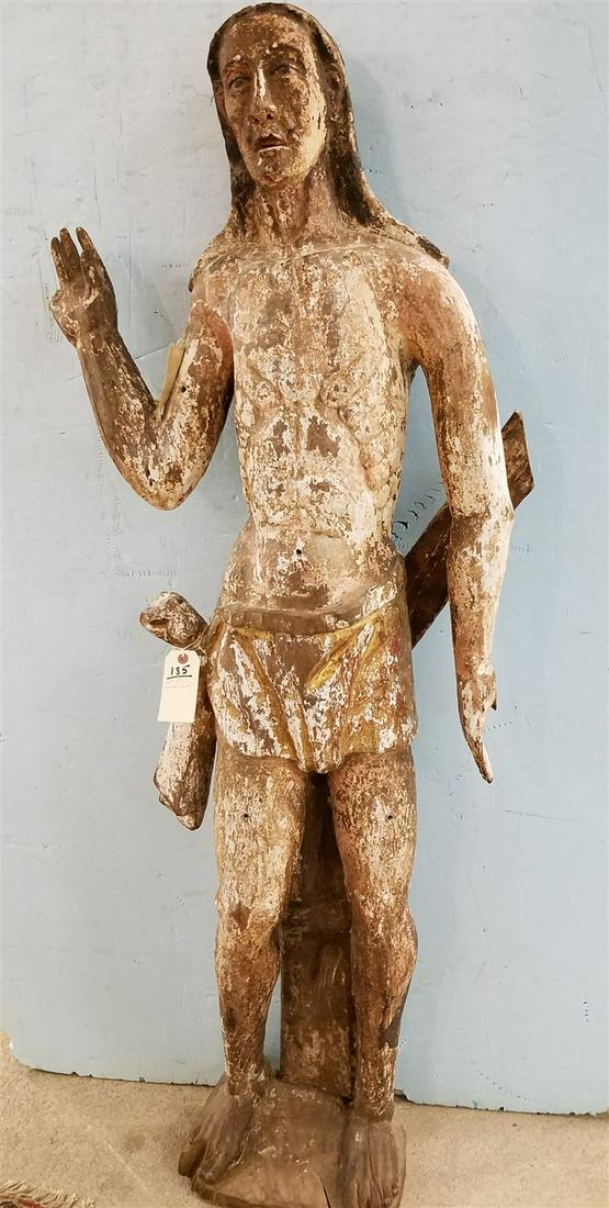 18th-19th c. CARVED WOOD STATUE OF A MAN, 65" (1 of 2)