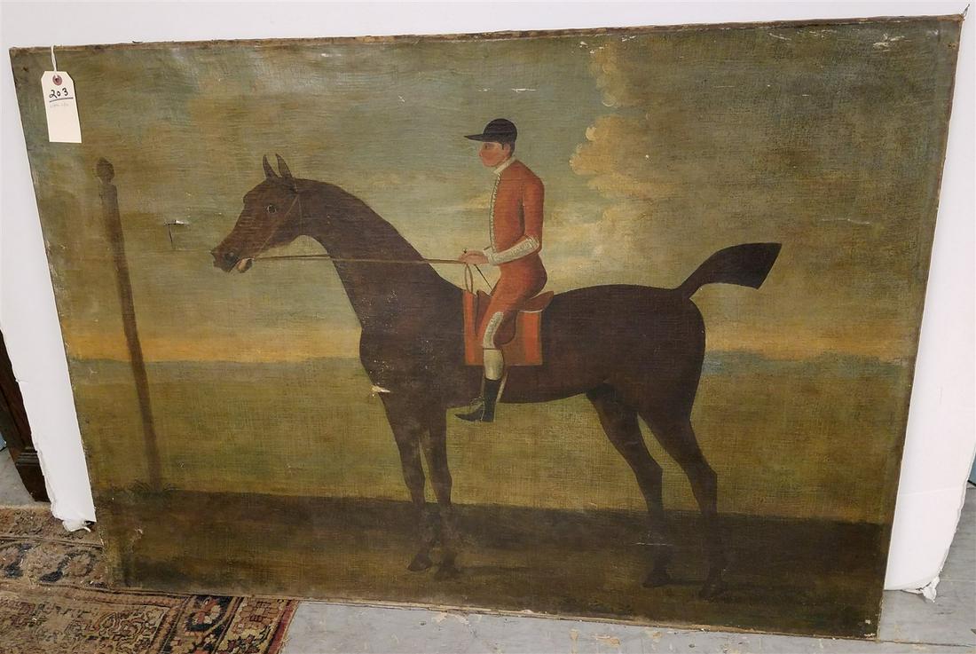 UNFRAMED c.1890 O/C HORSE + RIDER, UNSIGNED, 34" X 48" (1 of 1)