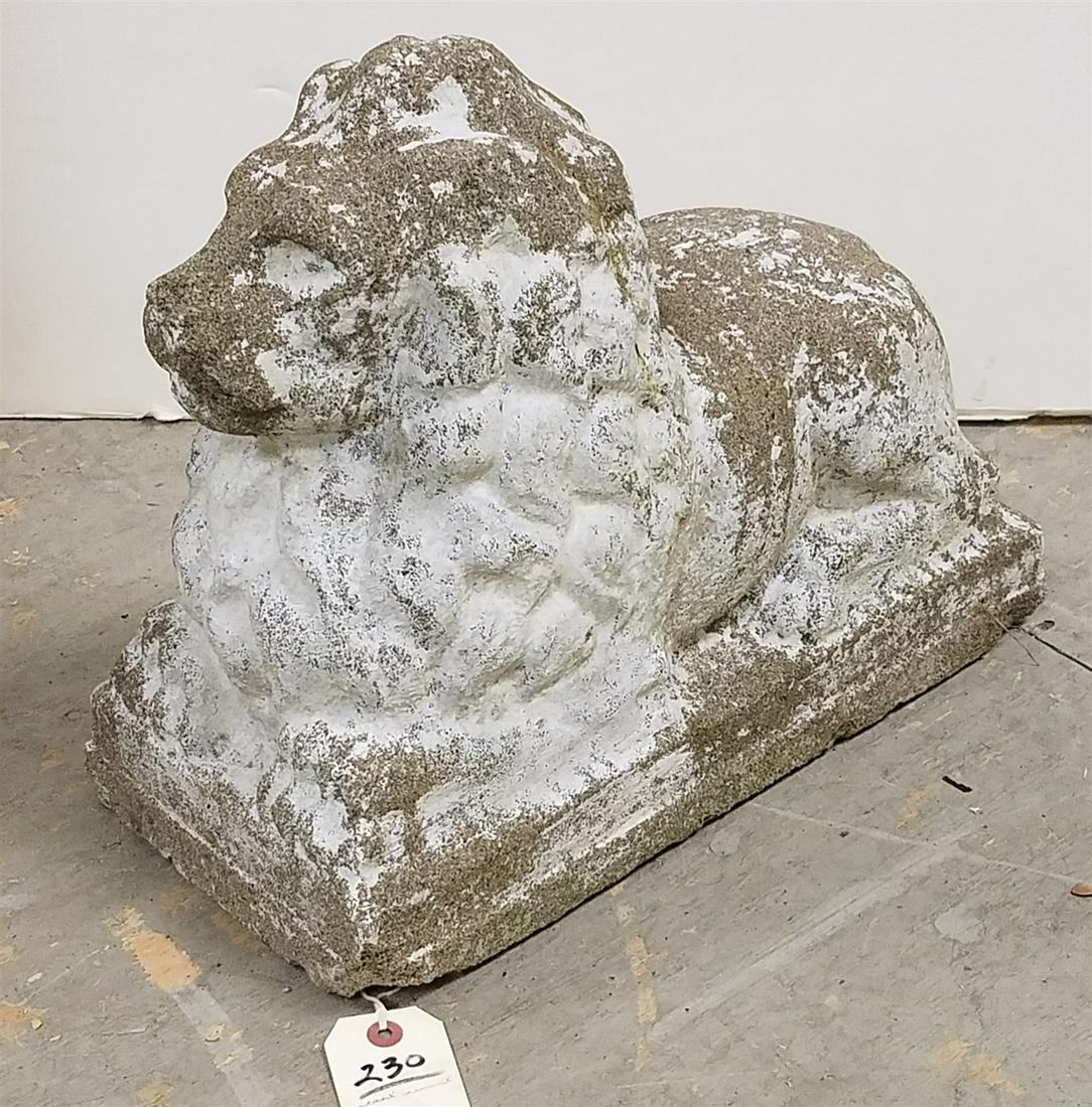 CAST CEMENT RECLINING LION, 15"H X 8.5"W X 16.5"D: CAST CEMENT RECLINING LION, 15"H X 8.5"W X 16.5"D