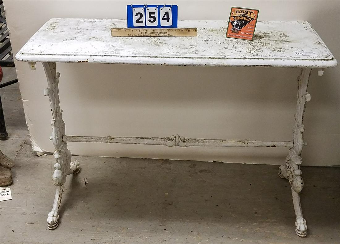 19th c. CAST IRON BASE METAL TOP TABLE, 28"H X 41"W X (1 of 2)