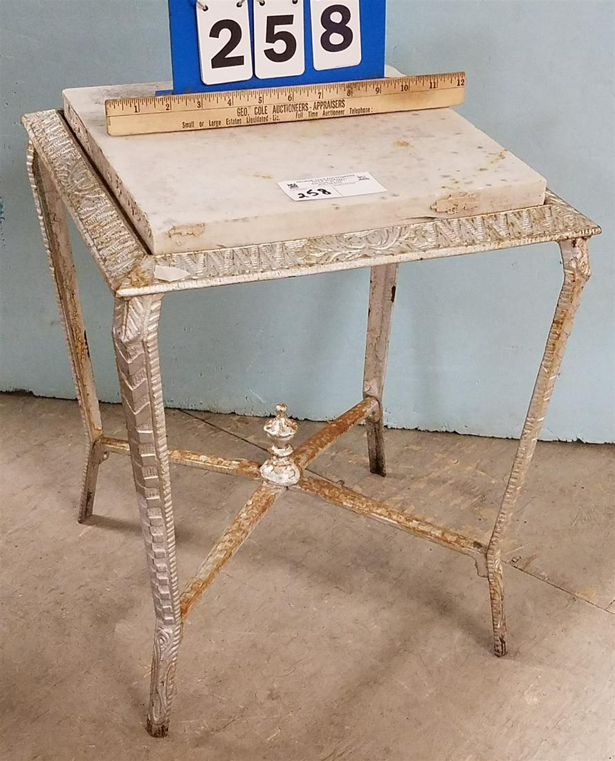 CAST IRON BASE MARBLE TOP STAND, 18"H X 14.5" SQ/ (1 of 2)