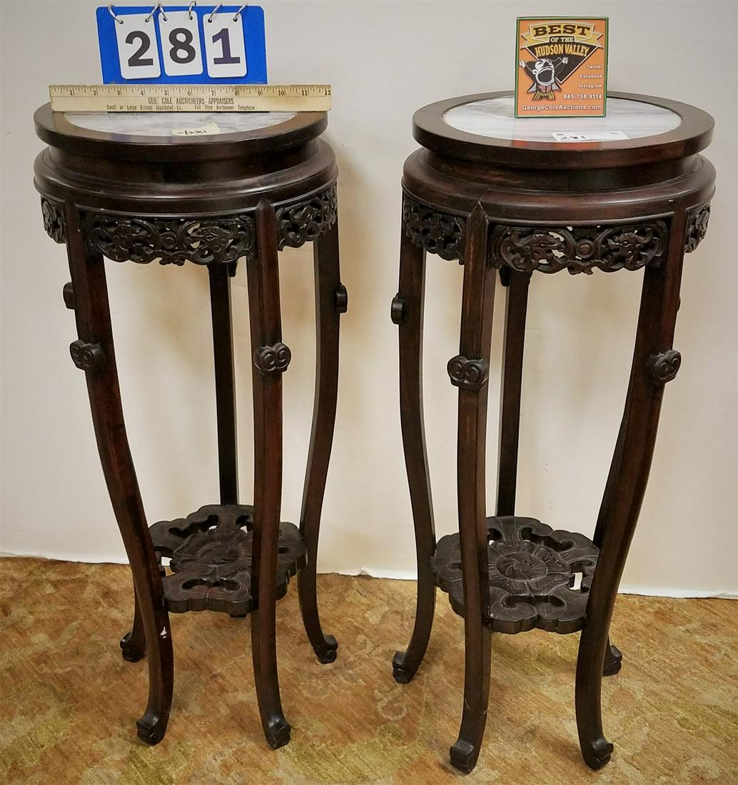 PR. CHINESE CARVED STANDS W/ MARBLE TOPS, 32"H X 12.5" (1 of 3)