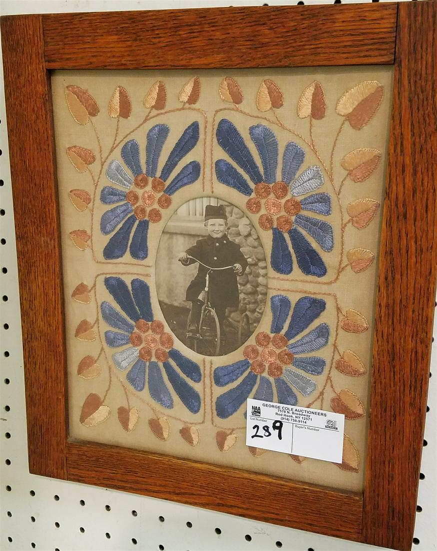 OAK FRAMED NEEDLEWORK MATTE W/ PHOTO OF CHILD ON (1 of 2)